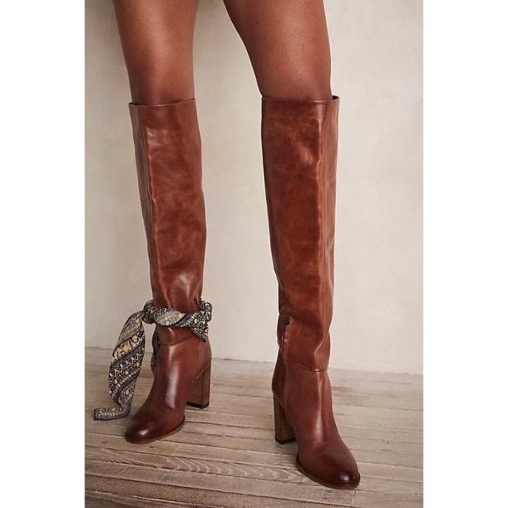 NEW Free People Dakota Tall Boots Womens 7 Brown Distressed Leather Knee High